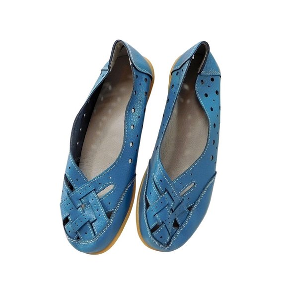 New Womens Blue Leather Breathable Support Flat Shoe / Toe Sandal Size 8.5 - 9 W - Picture 4 of 9